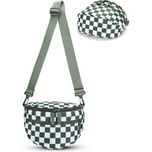 Pea Green Small Checkered Nylon Crossbody Bag with 3 Pockets